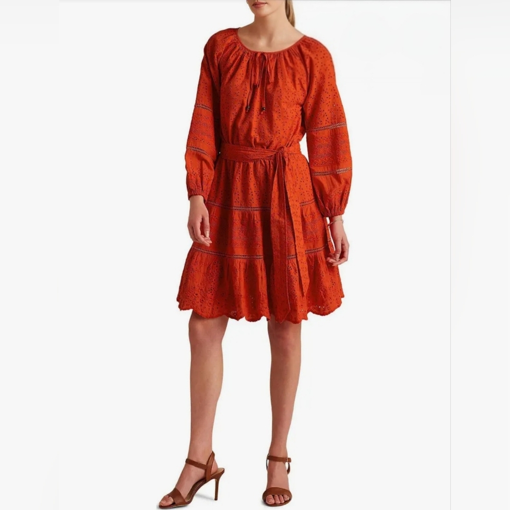Lauren Ralph Lauren Red Eyelet Mini Dress Broderie Anglaise Belted Sz 10 - Picture 14 of 15